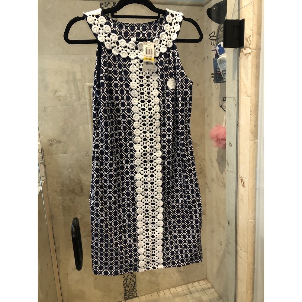 Charter Club Petites Sleeveless Shift Dress PM Blue White Crochet 14257IB143